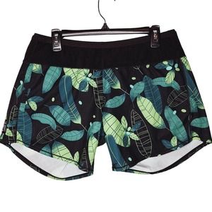 Oiselle Long Toolbelt Roga Shorts Green Leaf Print - size 8